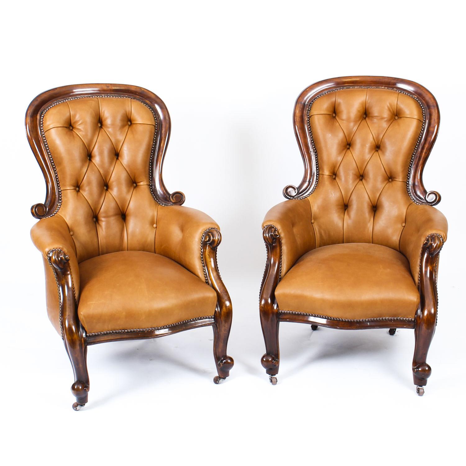 Antique Pair English Victorian Mahogany Spoonback Leather Armchairs, 19th C 8