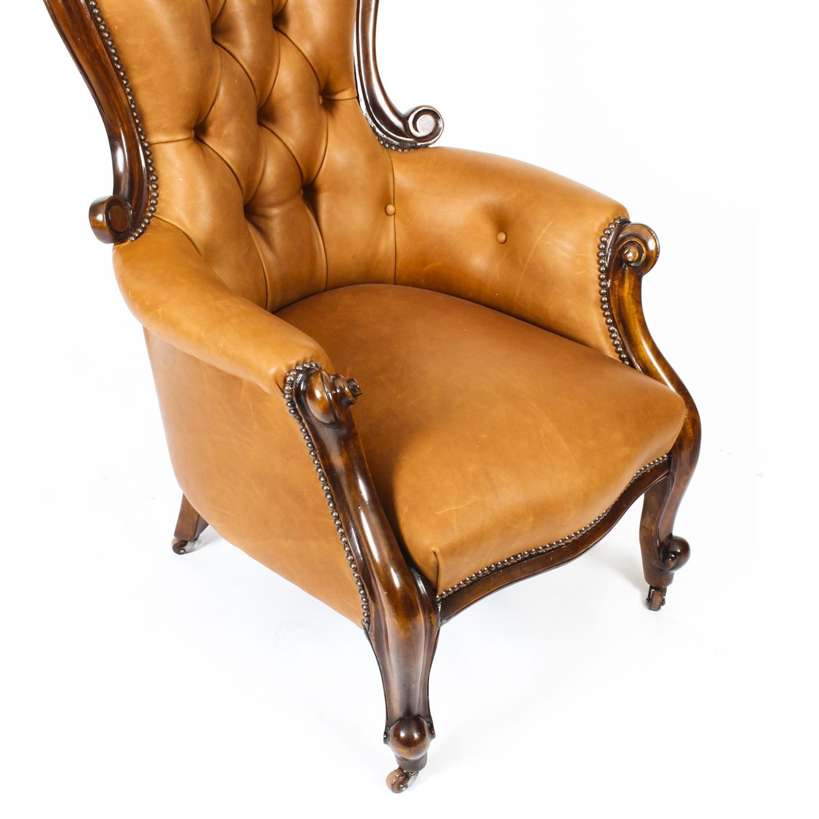 Late 19th Century Antique Pair English Victorian Mahogany Spoonback Leather Armchairs, 19th C