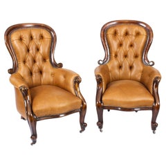 Antique Pair English Victorian Mahogany Spoonback Leather Armchairs, 19th C