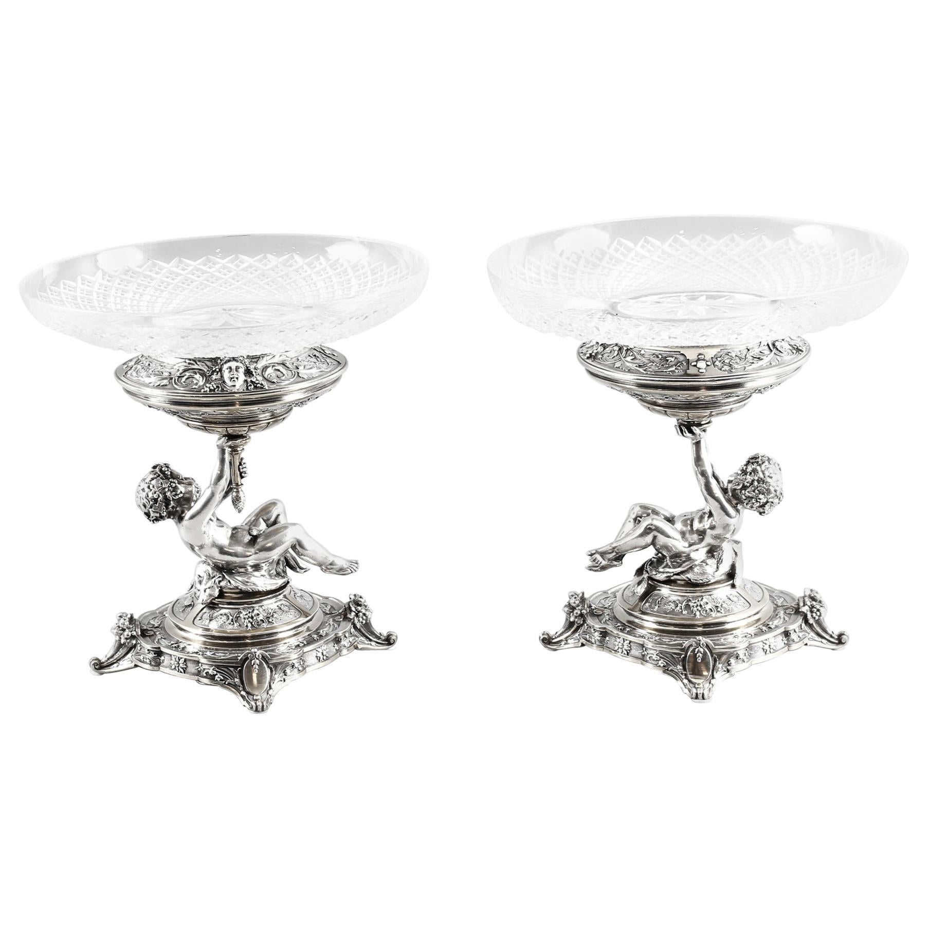 English Victorian Silver Plate & Cut Glass Centrepieces 1883, 19th Century, Pair