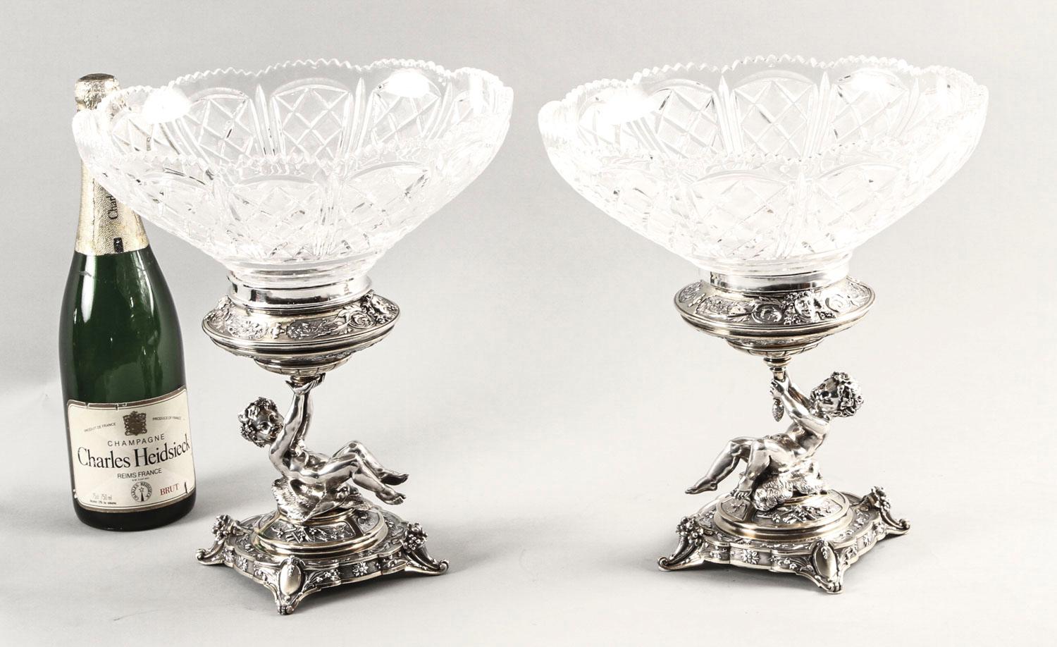Antique Pair of English Victorian Silver Plate and Cut Glass Centrepieces, 1883s For Sale 14