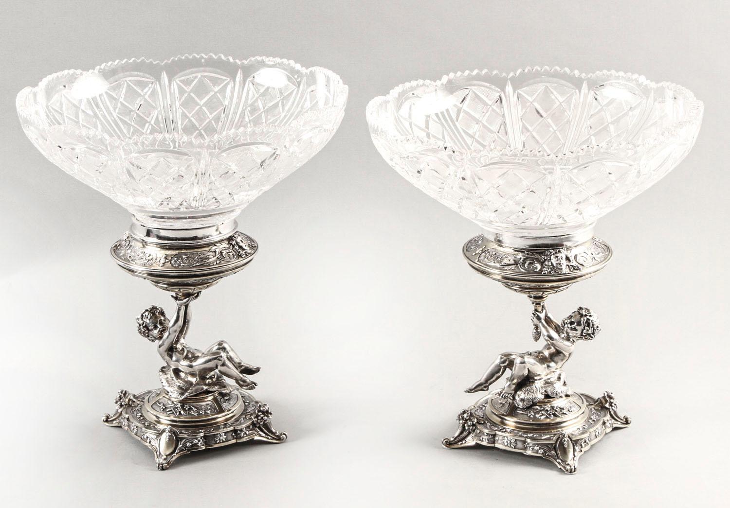 Antique Pair of English Victorian Silver Plate and Cut Glass Centrepieces, 1883s For Sale 15