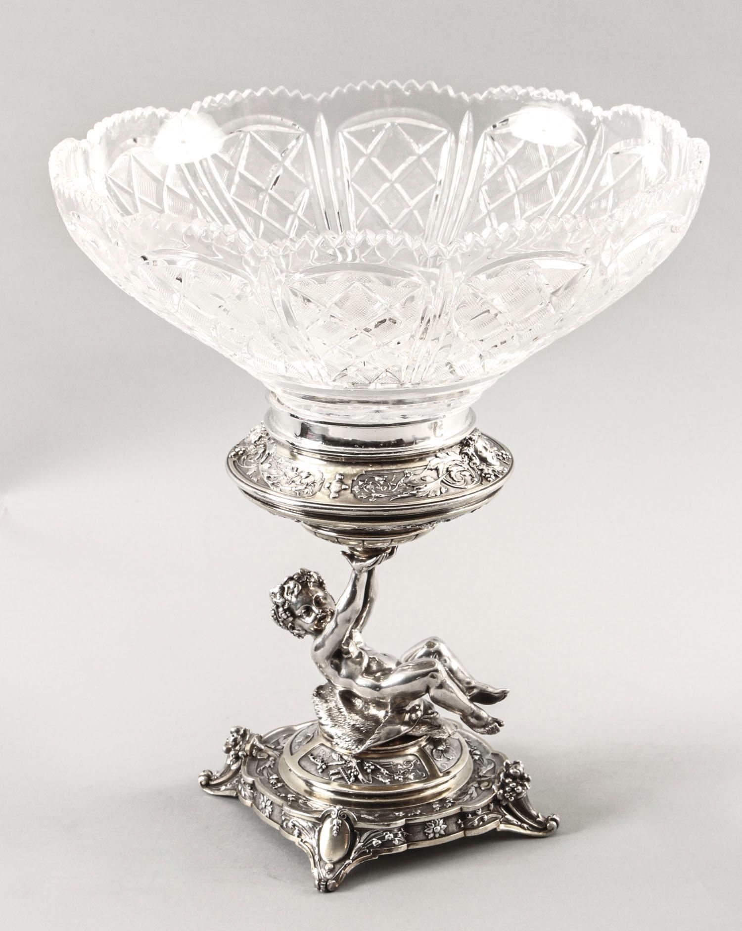 Antique Pair of English Victorian Silver Plate and Cut Glass Centrepieces, 1883s In Good Condition For Sale In London, GB
