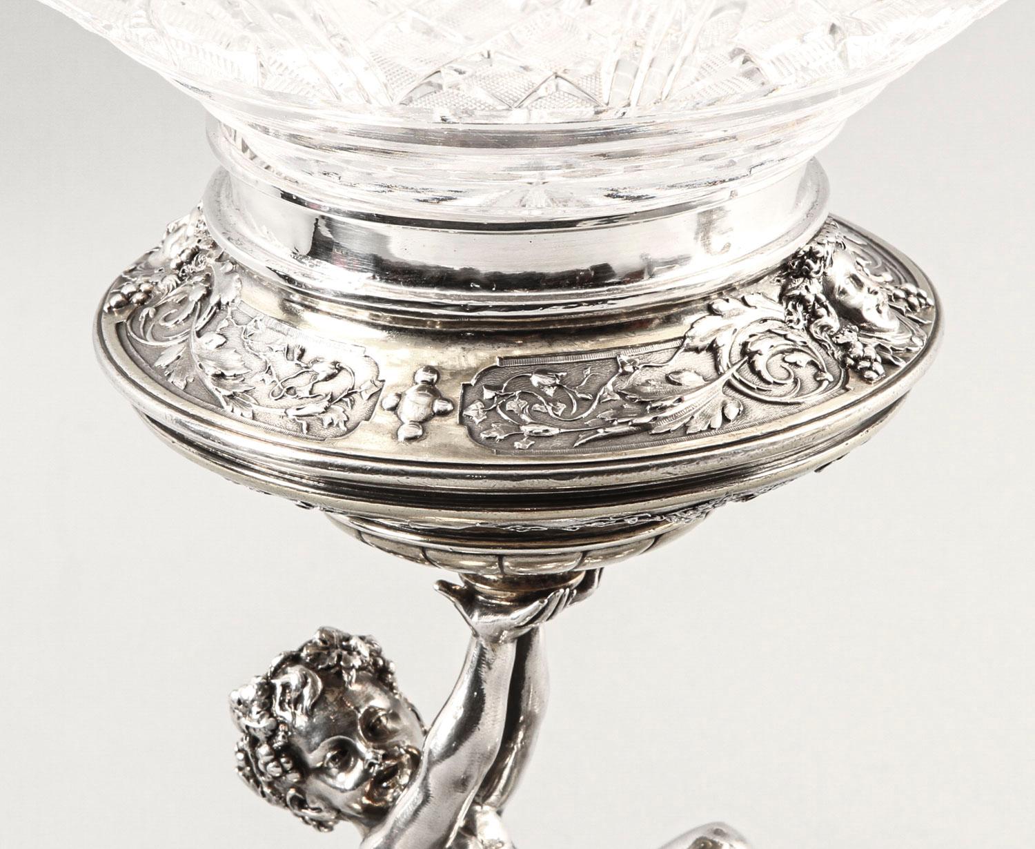 Antique Pair of English Victorian Silver Plate and Cut Glass Centrepieces, 1883s For Sale 5