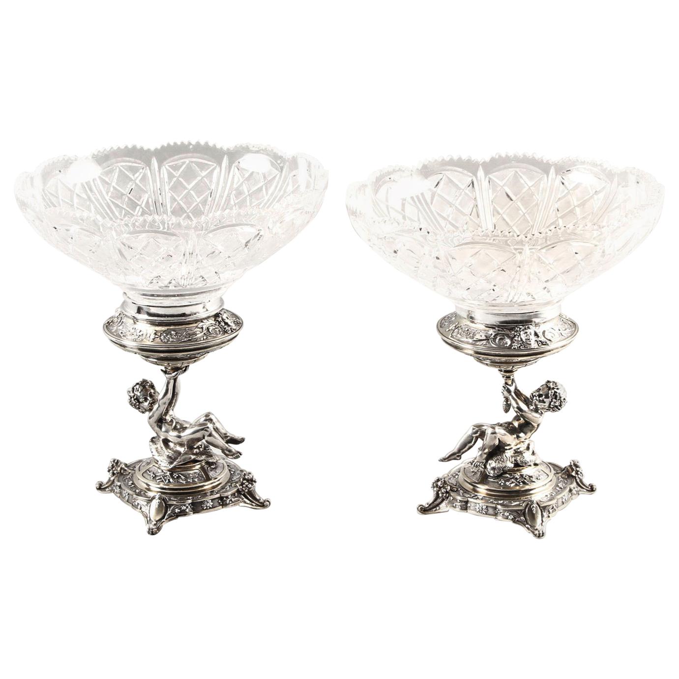 Antique Pair of English Victorian Silver Plate and Cut Glass Centrepieces, 1883s For Sale