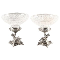 Antique Pair of English Victorian Silver Plate and Cut Glass Centrepieces, 1883s