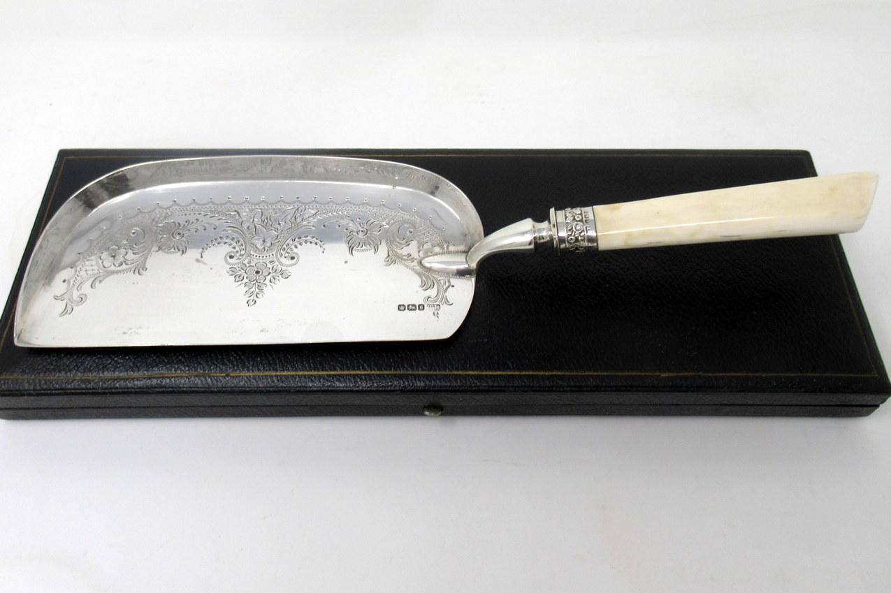 20th Century Antique Pair English Victorian Sterling Silver Fish Servers Forks Crumb Tray For Sale