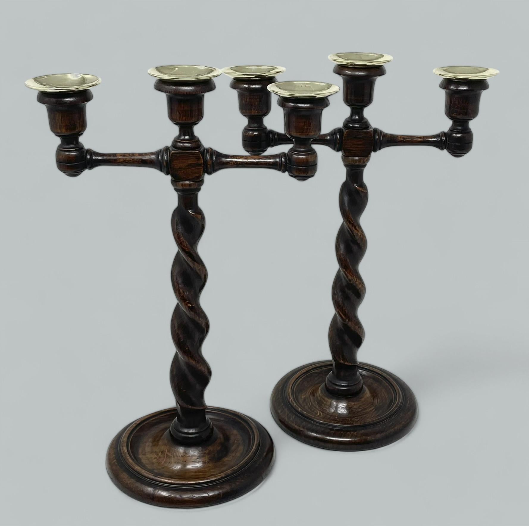 Cast Antique Pair English Victorian Wooden Barley Twist Candlesticks Candelabra 19 Ct