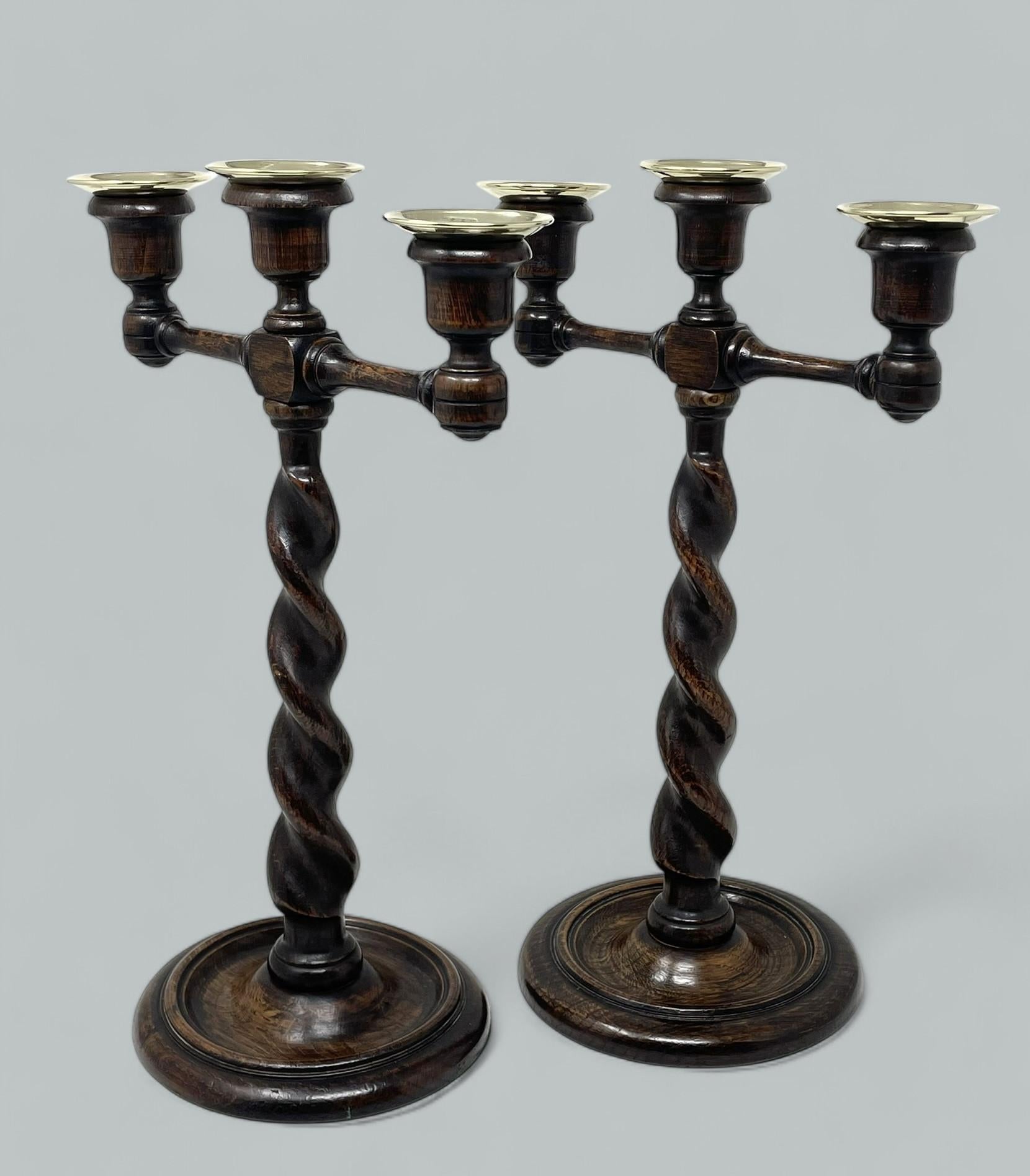 Antique Pair English Victorian Wooden Barley Twist Candlesticks Candelabra 19 Ct In Good Condition In Dublin, Ireland