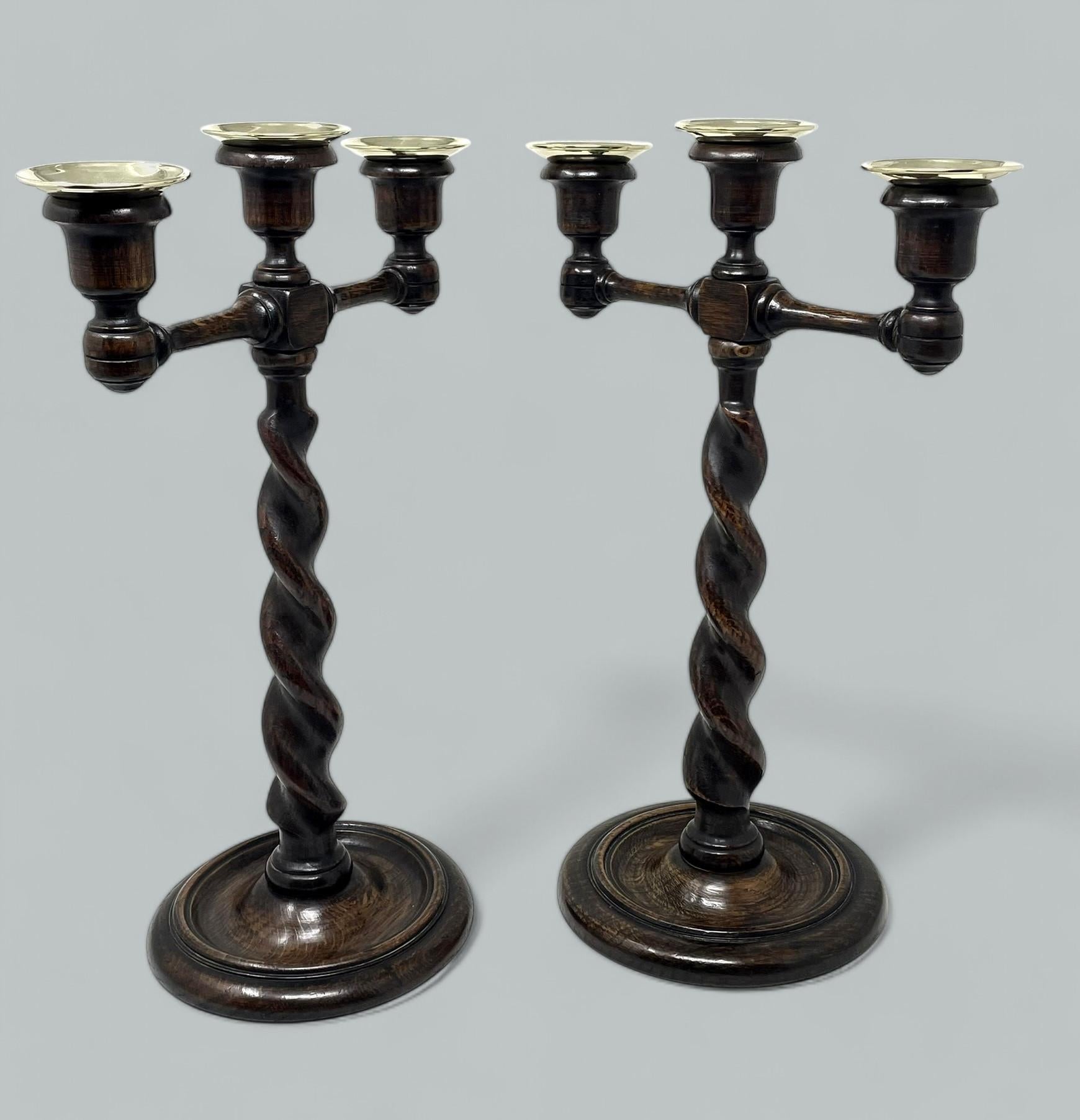 Oak Antique Pair English Victorian Wooden Barley Twist Candlesticks Candelabra 19 Ct