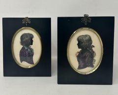 Antique Pair English Watercolor Paintings Silhouettes Ebony Frames Signed Turvil