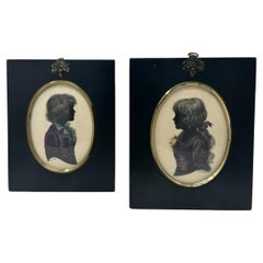 Antique Pair English Watercolor Paintings Silhouettes Ebony Frames Signed Turvil