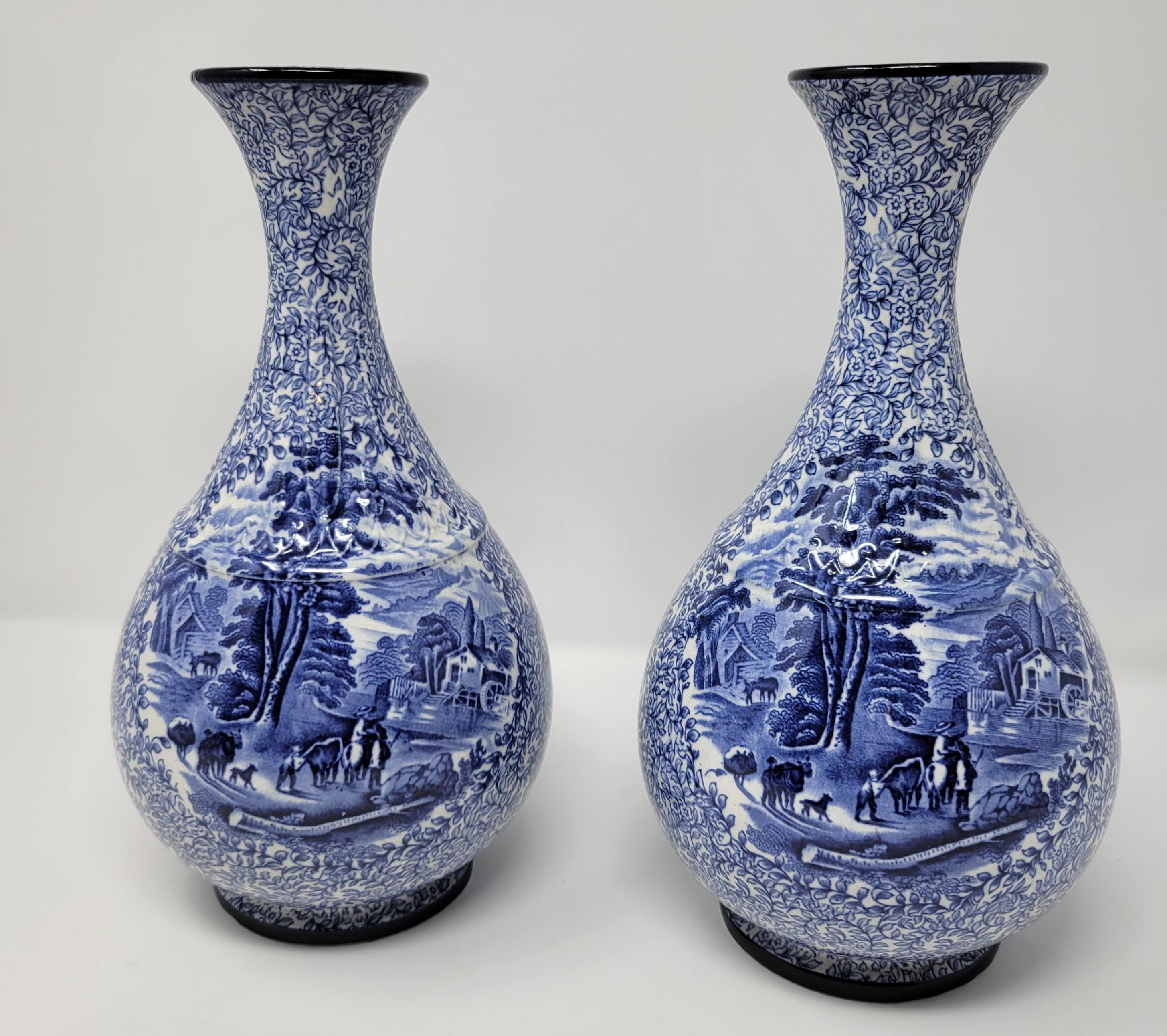 English Antique Pair Estate Staffordshire Blue & White Vases For Sale