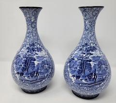 Antique Pair Estate Staffordshire Blue & White Vases