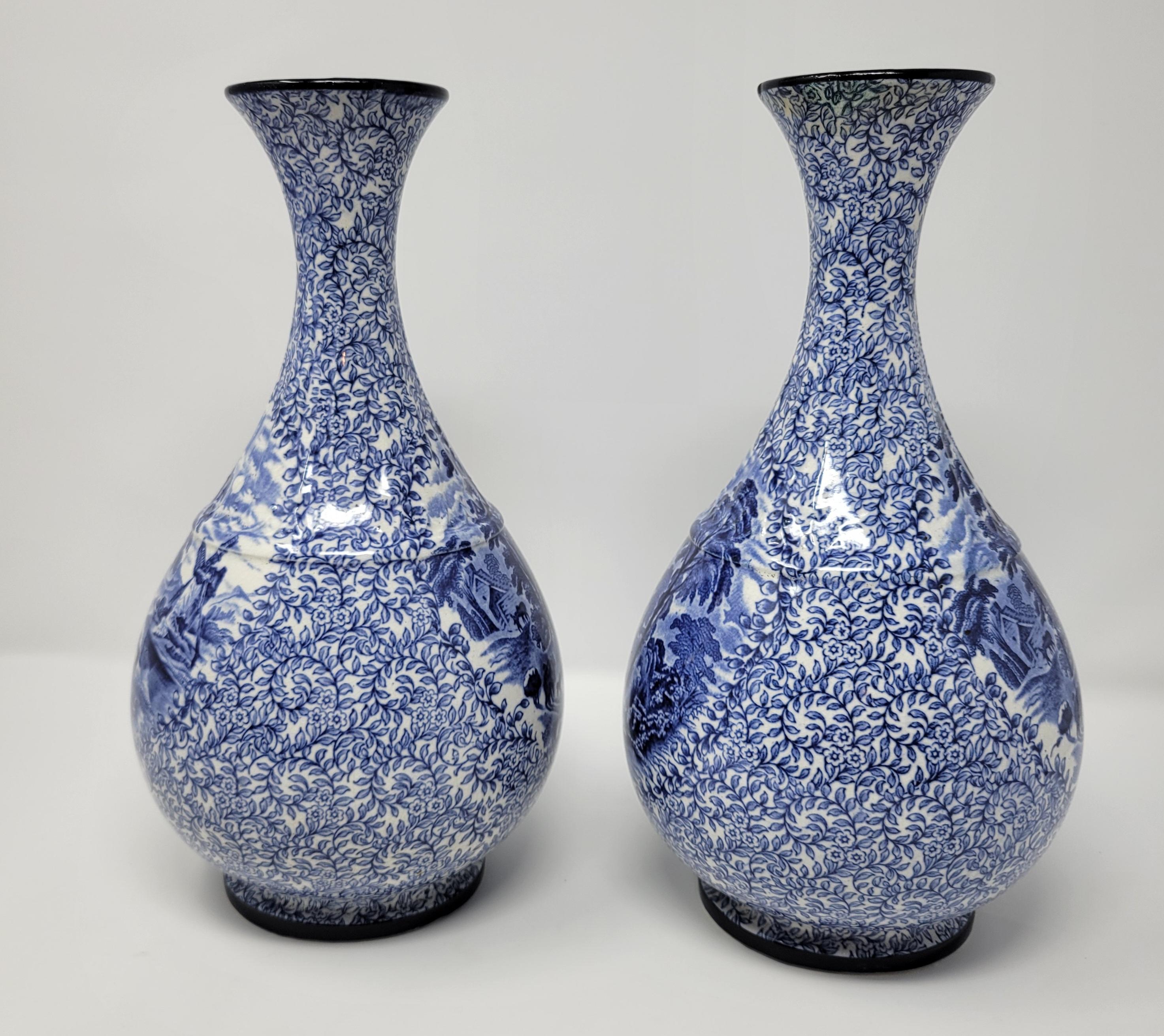 20th Century Antique Pair Estate Staffordshire Blue & White Vases For Sale