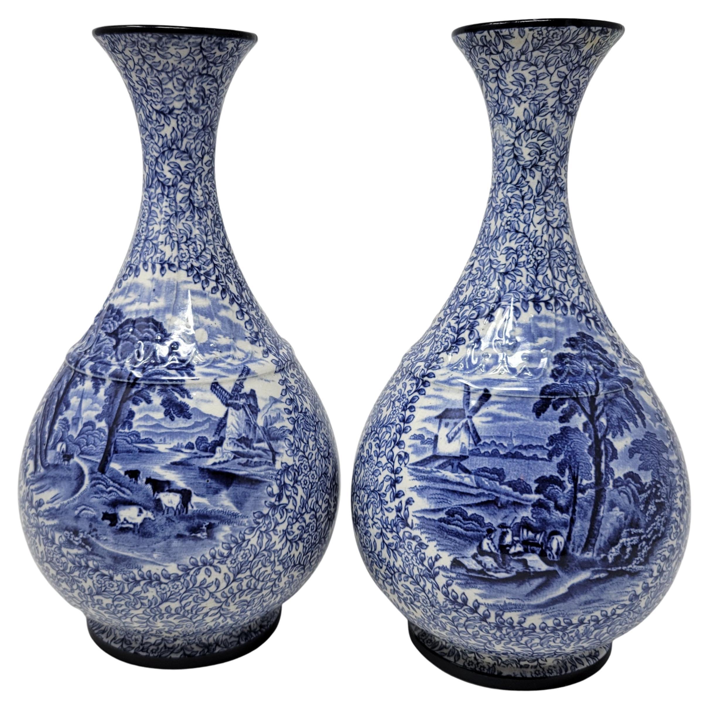Antique Pair Estate Staffordshire Blue & White Vases For Sale