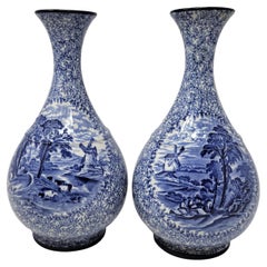 Ancienne paire de vases bleus et blancs Staffordshire de succession