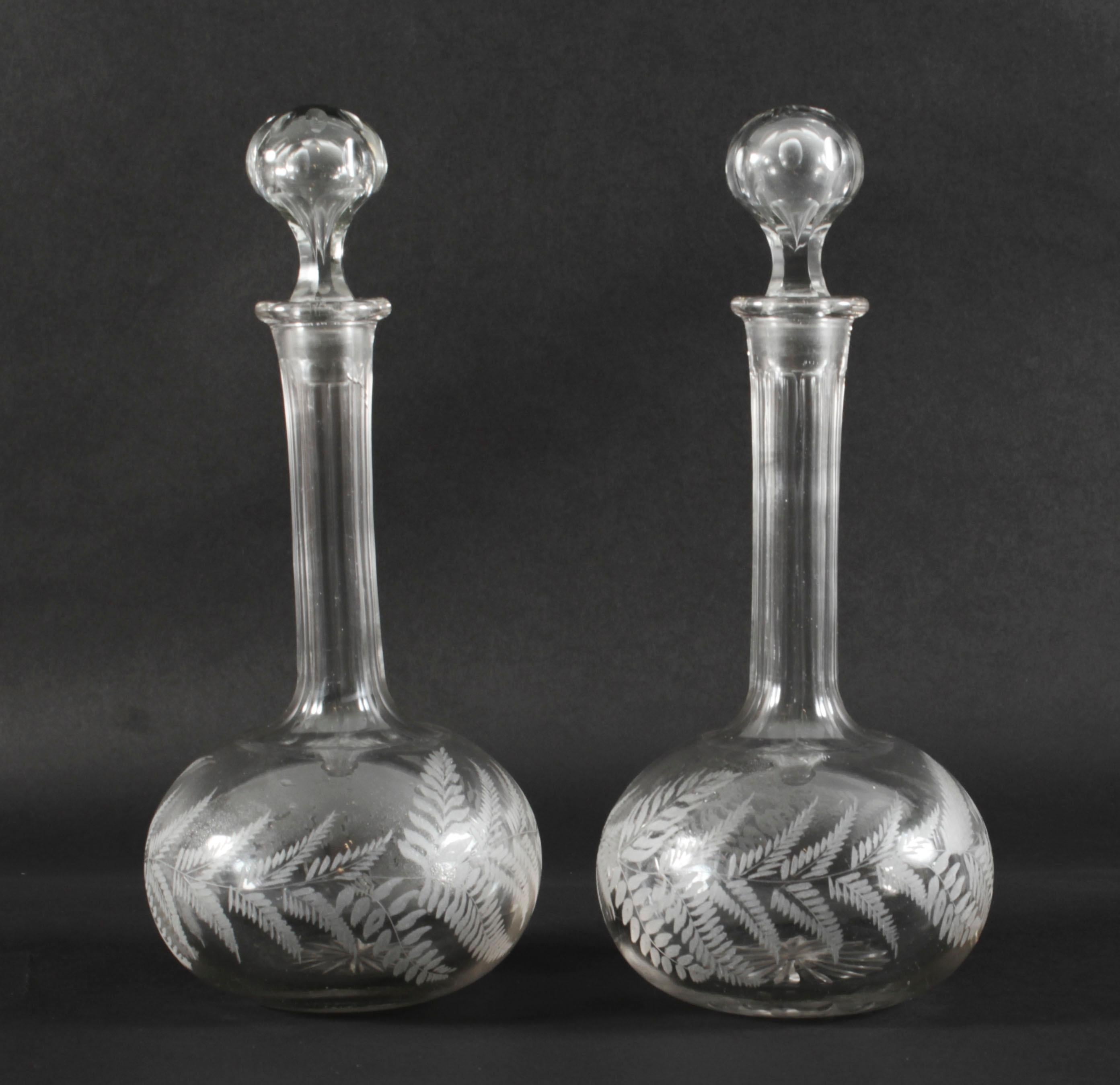 Antique Pair Etched Glass Decanters and Stoppers 19th Century 7