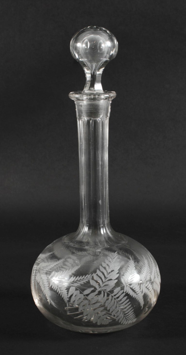 Antique Pair Etched Glass Decanters and Stoppers 19th Century For Sale