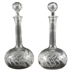 Antica coppia di decanter e tappi in vetro acidato del XIX secolo