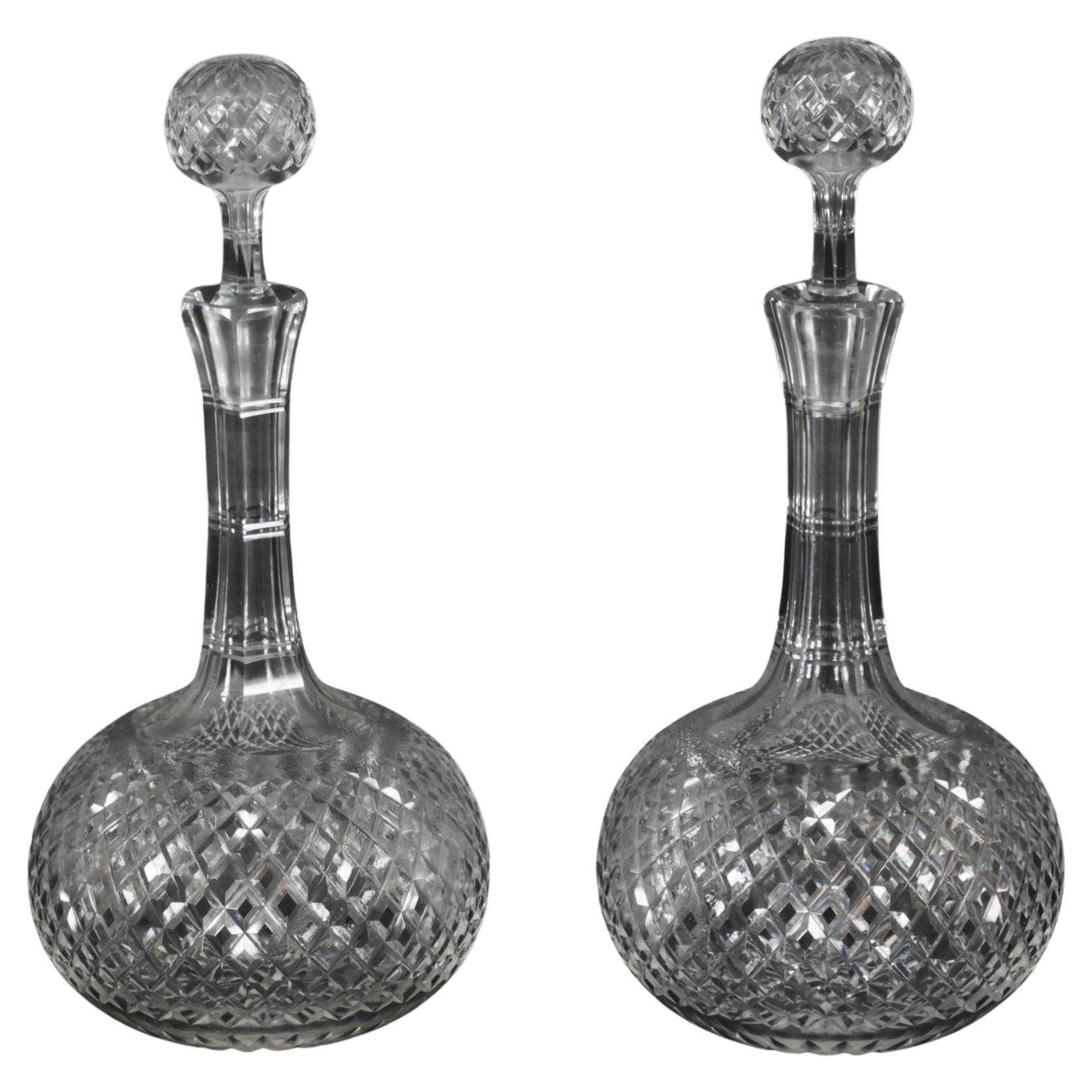 Antique Pair Etched Glass Decanters and Stoppers 19th Century For Sale