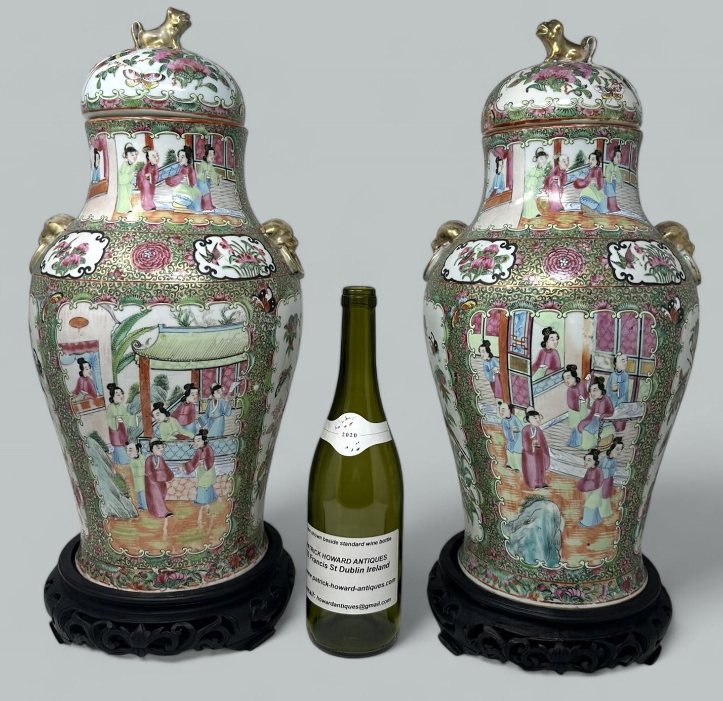 Antique Pair Famille Rose Medallion Canton Cantonese Chinese Fo Dog Vases Urns For Sale 7