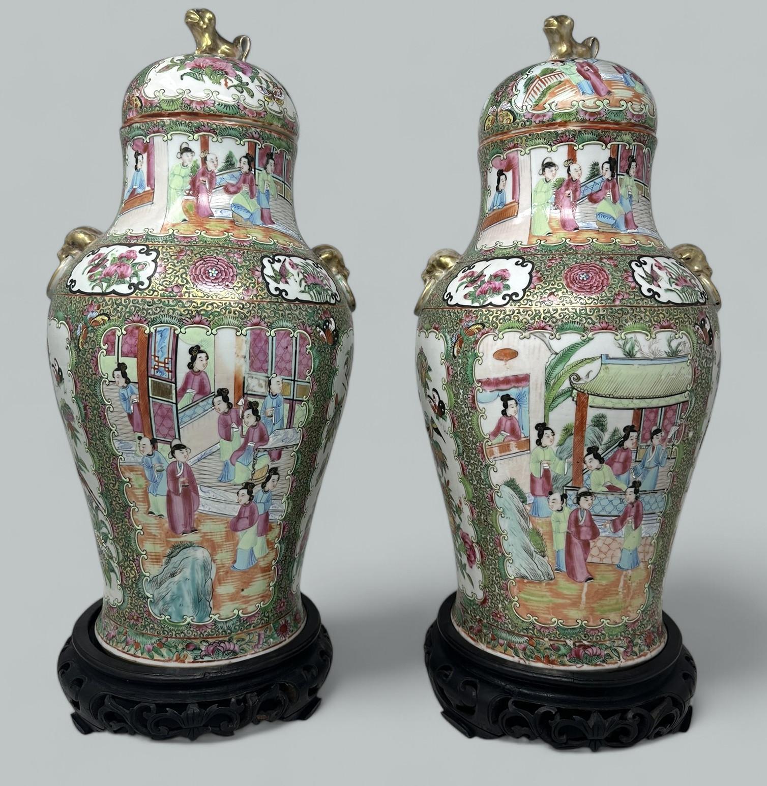 Early Victorian Antique Pair Famille Rose Medallion Canton Cantonese Chinese Fo Dog Vases Urns For Sale