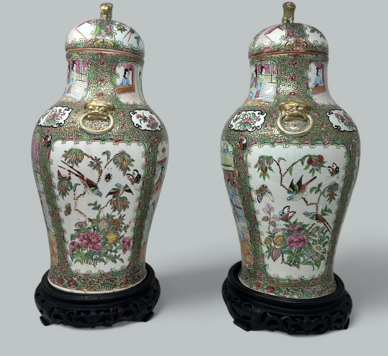 19th Century Antique Pair Famille Rose Medallion Canton Cantonese Chinese Fo Dog Vases Urns For Sale