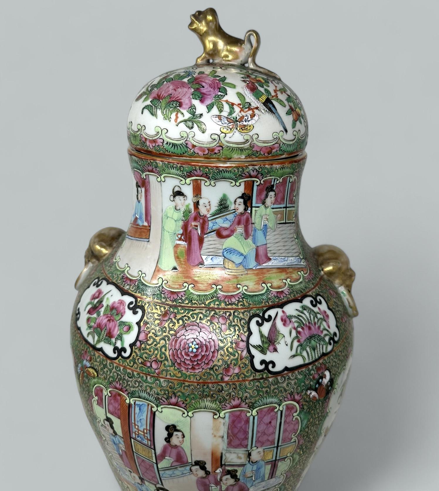 Antique Pair Famille Rose Medallion Canton Cantonese Chinese Fo Dog Vases Urns For Sale 2