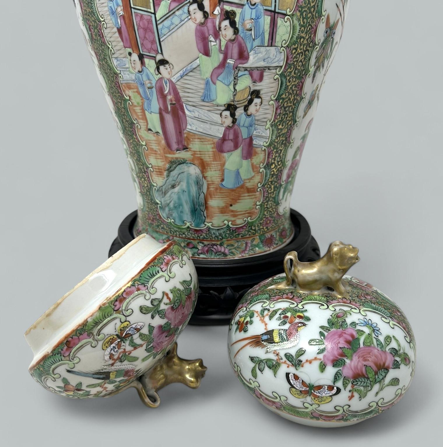 Antique Pair Famille Rose Medallion Canton Cantonese Chinese Fo Dog Vases Urns For Sale 3