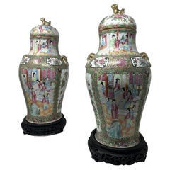Pareja de jarrones antiguos Famille Rose Medallion Cantonese Chinese Fo Dog Vases Urns