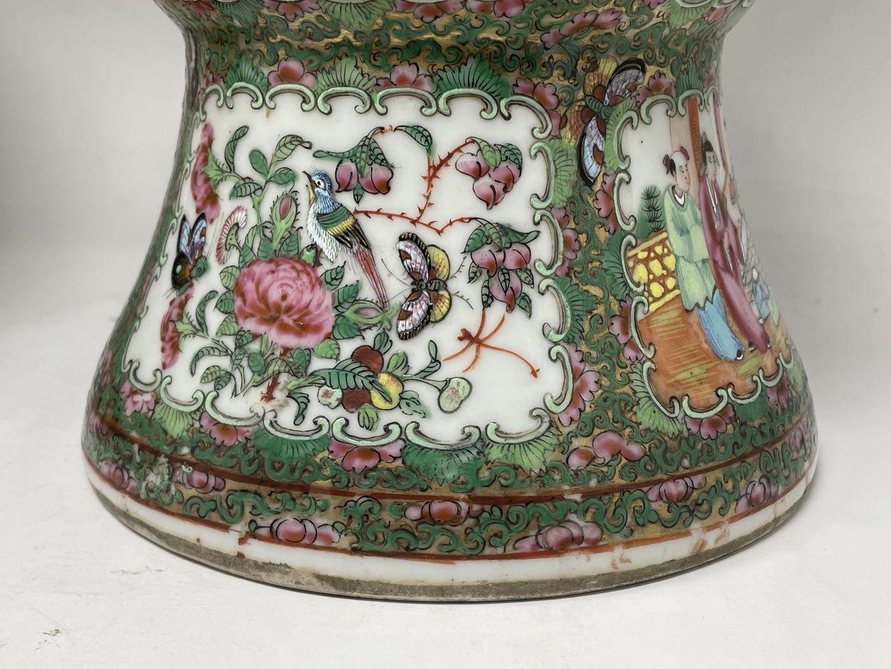Antique Pair Famille Rose Medallion Canton Cantonese Chinese Gu Vases Urns 19ct 6