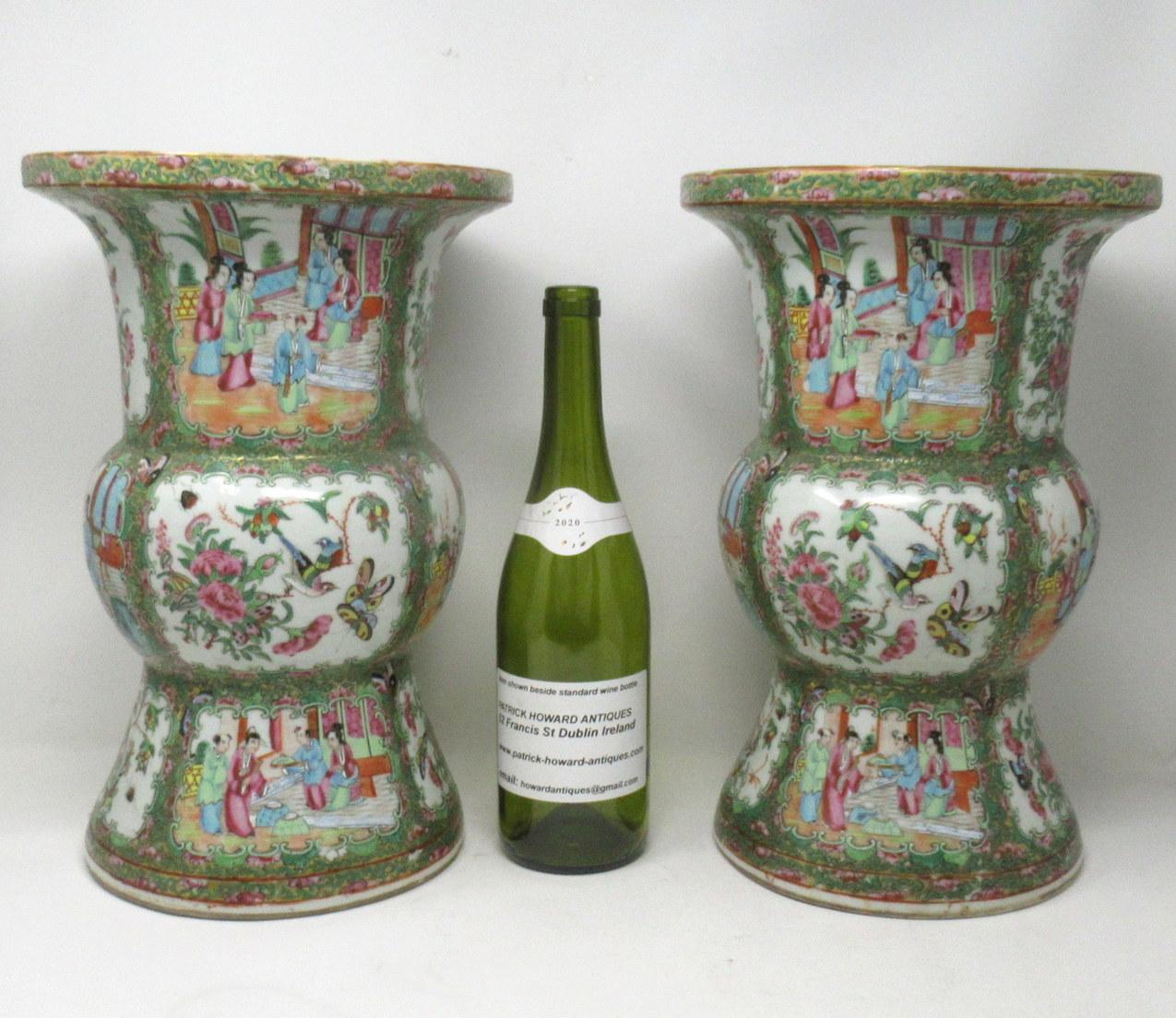 Antique Pair Famille Rose Medallion Canton Cantonese Chinese Gu Vases Urns 19ct For Sale 7