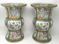Antique Pair Famille Rose Medallion Canton Cantonese Chinese Gu Vases Urns 19ct