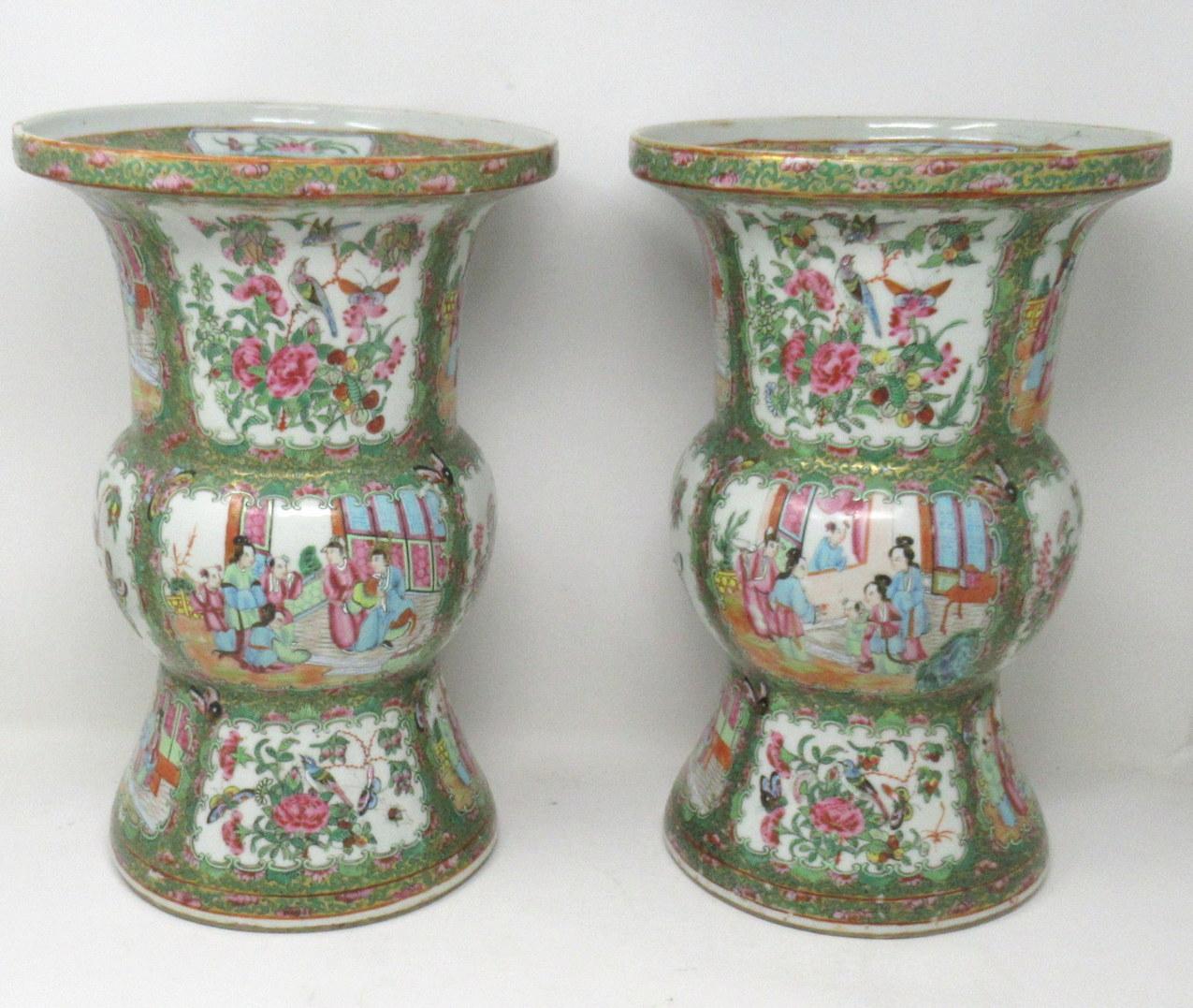 Early Victorian Antique Pair Famille Rose Medallion Canton Cantonese Chinese Gu Vases Urns 19ct For Sale