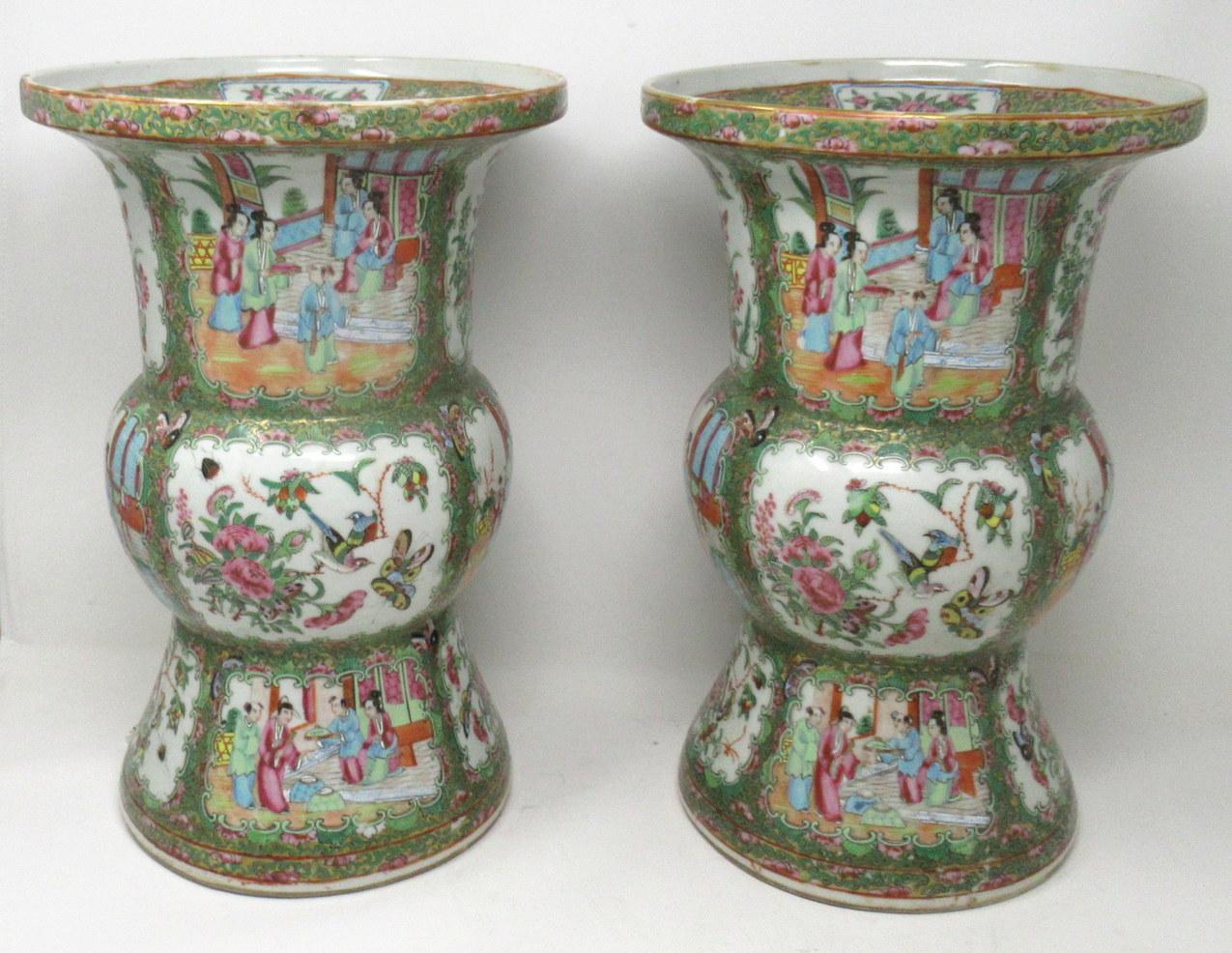 Antique Pair Famille Rose Medallion Canton Cantonese Chinese Gu Vases Urns 19ct In Good Condition For Sale In Dublin, Ireland
