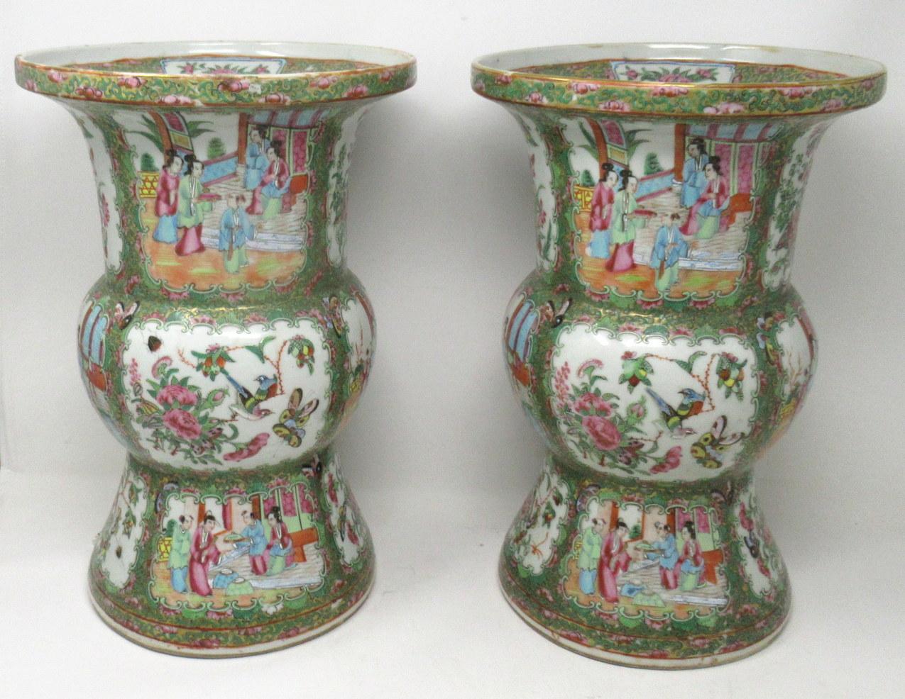 Antique Pair Famille Rose Medallion Canton Cantonese Chinese Gu Vases Urns 19ct In Good Condition In Dublin, Ireland