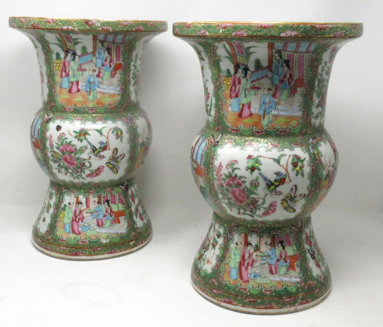 19th Century Antique Pair Famille Rose Medallion Canton Cantonese Chinese Gu Vases Urns 19ct For Sale