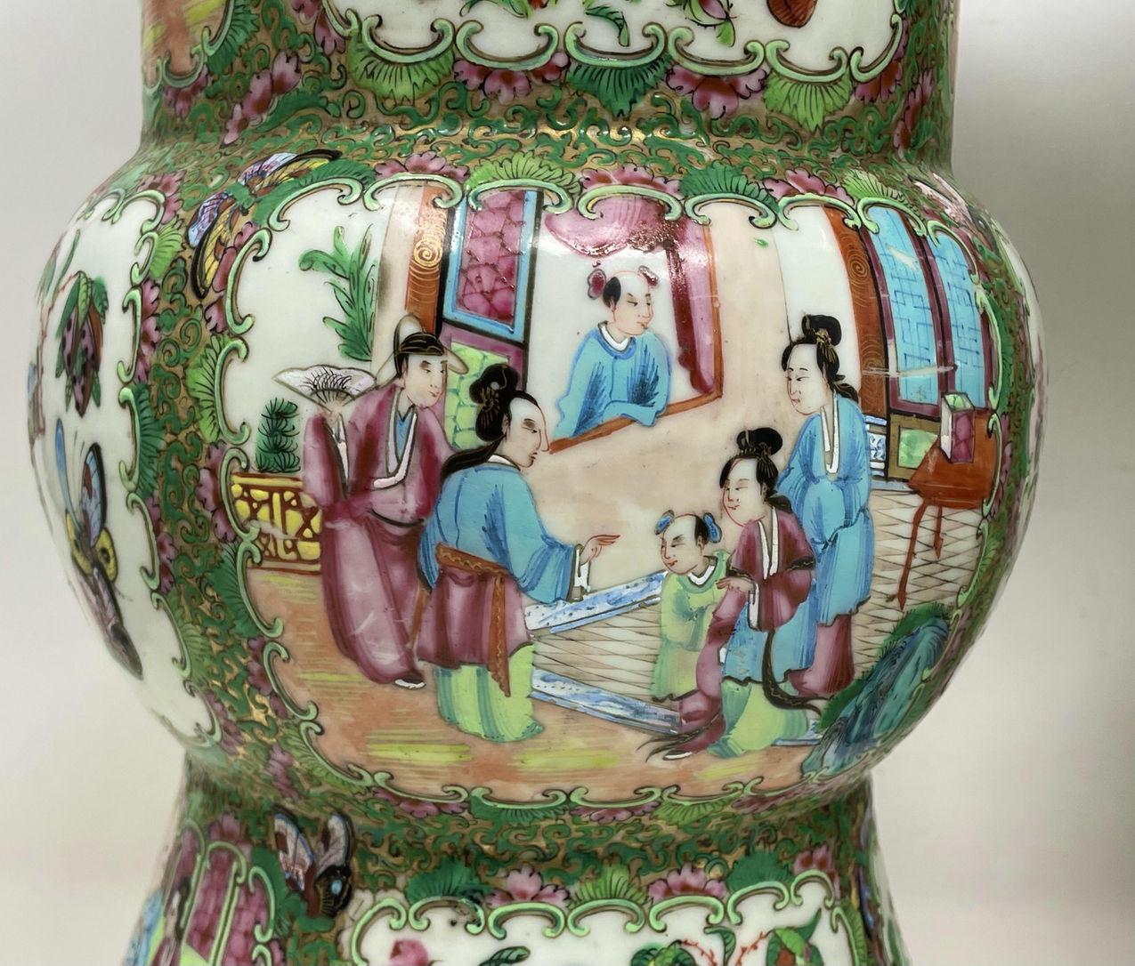 Antique Pair Famille Rose Medallion Canton Cantonese Chinese Gu Vases Urns 19ct For Sale 3