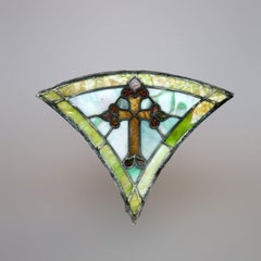 Antique Pair Fan Form Leaded Stained Glass Crucifix Panels, Circa 1900