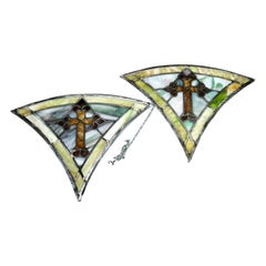 Antique Pair Fan Form Leaded Stained Glass Crucifix Panels, Circa 1900