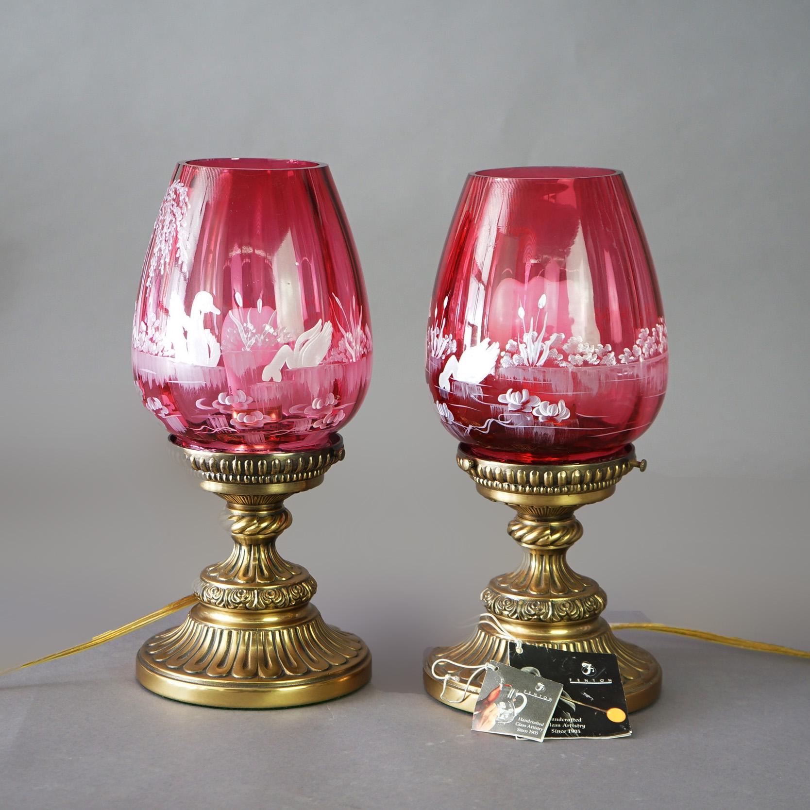 Antique Pair Fenton Mary Gregory Cranberry Glass & Bronzed Metal Lamps c1940 In Good Condition In Big Flats, NY