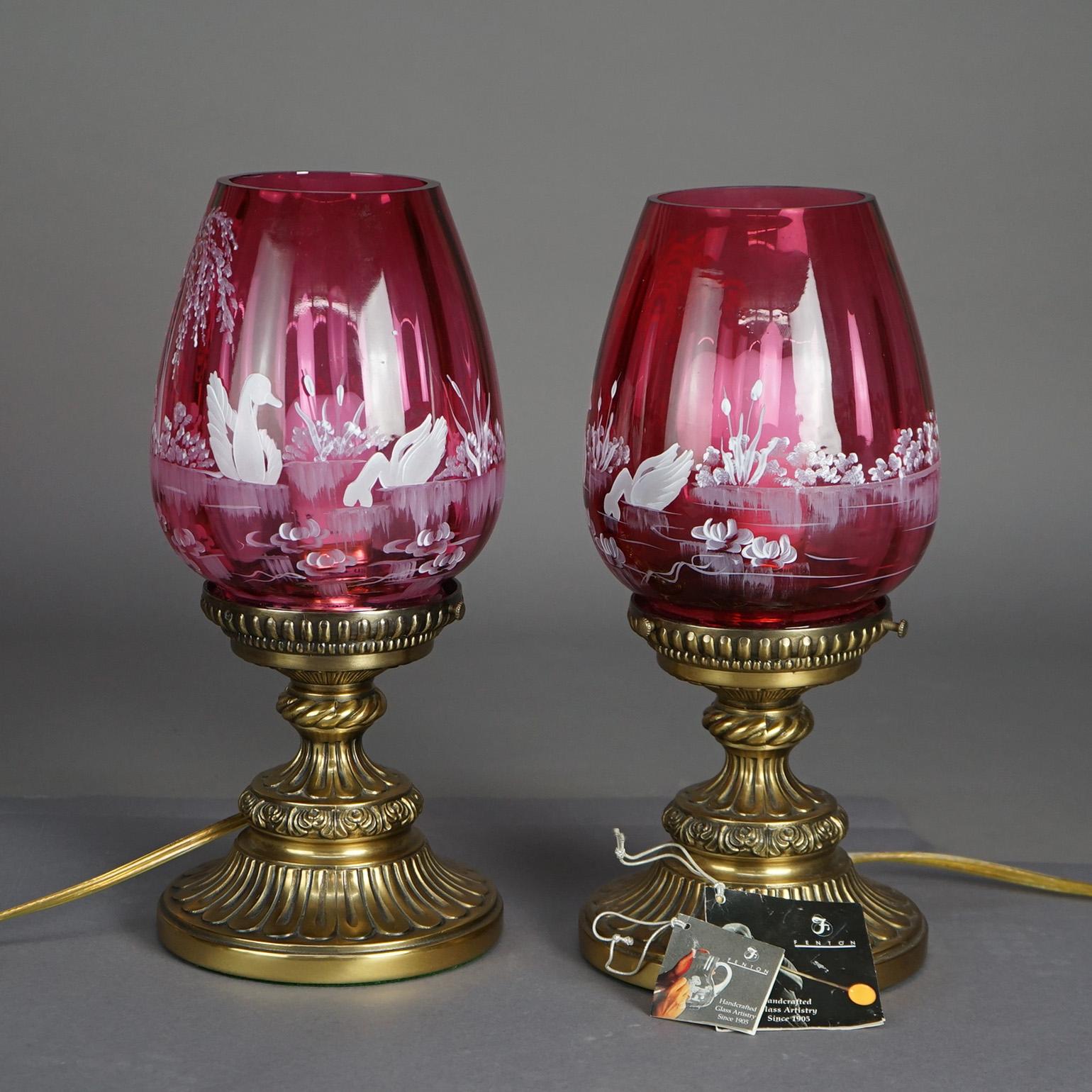 20th Century Antique Pair Fenton Mary Gregory Cranberry Glass & Bronzed Metal Lamps c1940