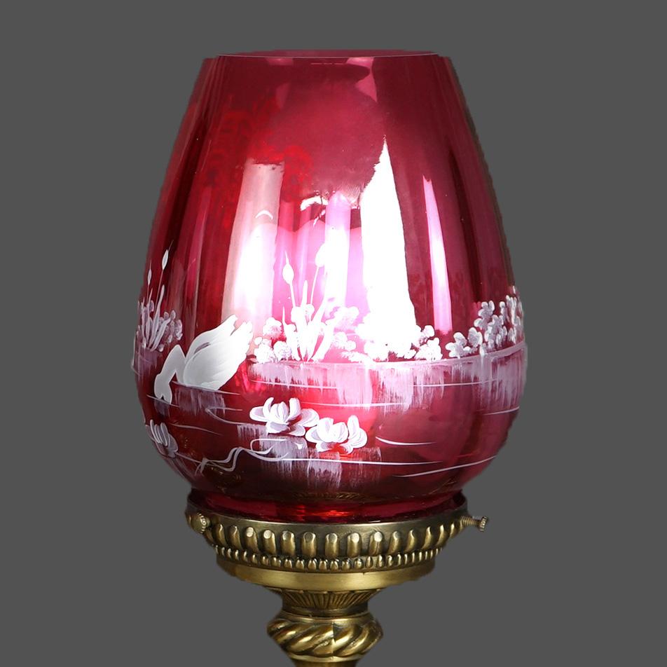 Antique Pair Fenton Mary Gregory Cranberry Glass & Bronzed Metal Lamps c1940 1