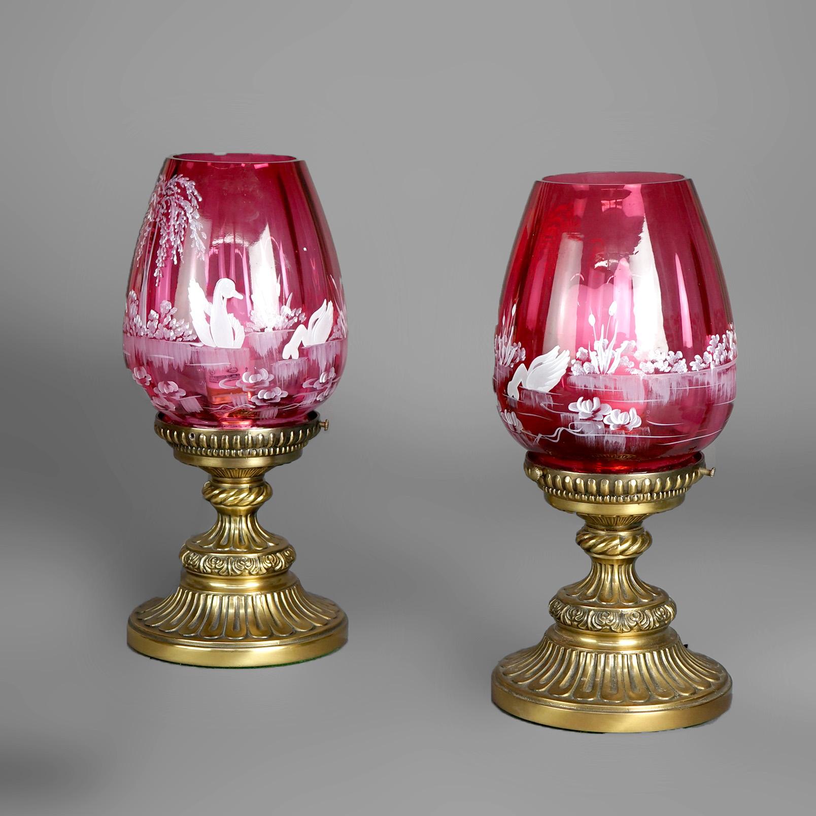 Antique Pair Fenton Mary Gregory Cranberry Glass & Bronzed Metal Lamps c1940 2