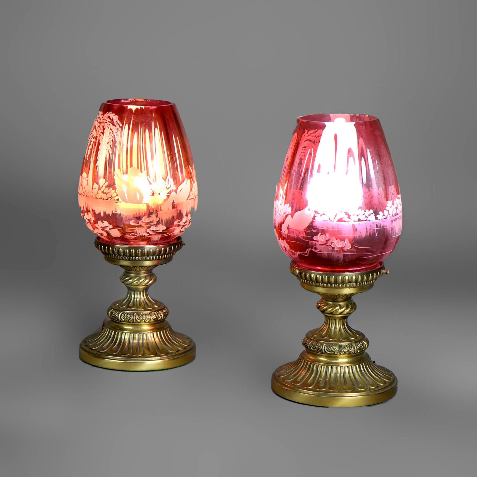 Antique Pair Fenton Mary Gregory Cranberry Glass & Bronzed Metal Lamps c1940 3