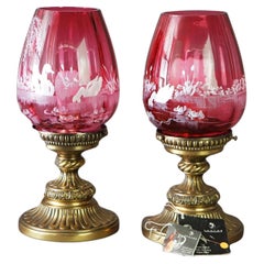 Antique Pair Fenton Mary Gregory Cranberry Glass & Bronzed Metal Lamps c1940