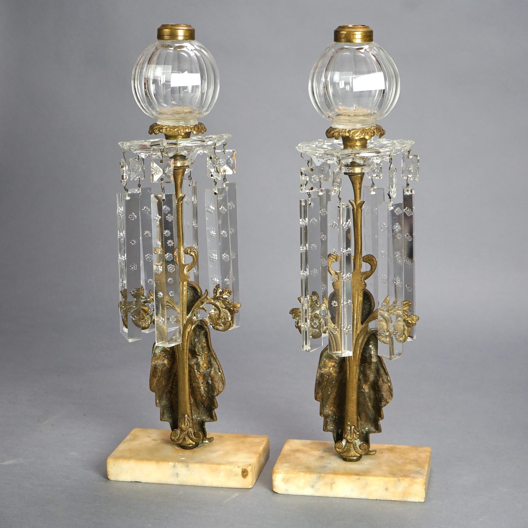 Antique Pair Figural Girandole Sultana Design Oil Lamps with Crystals C1880 For Sale 3