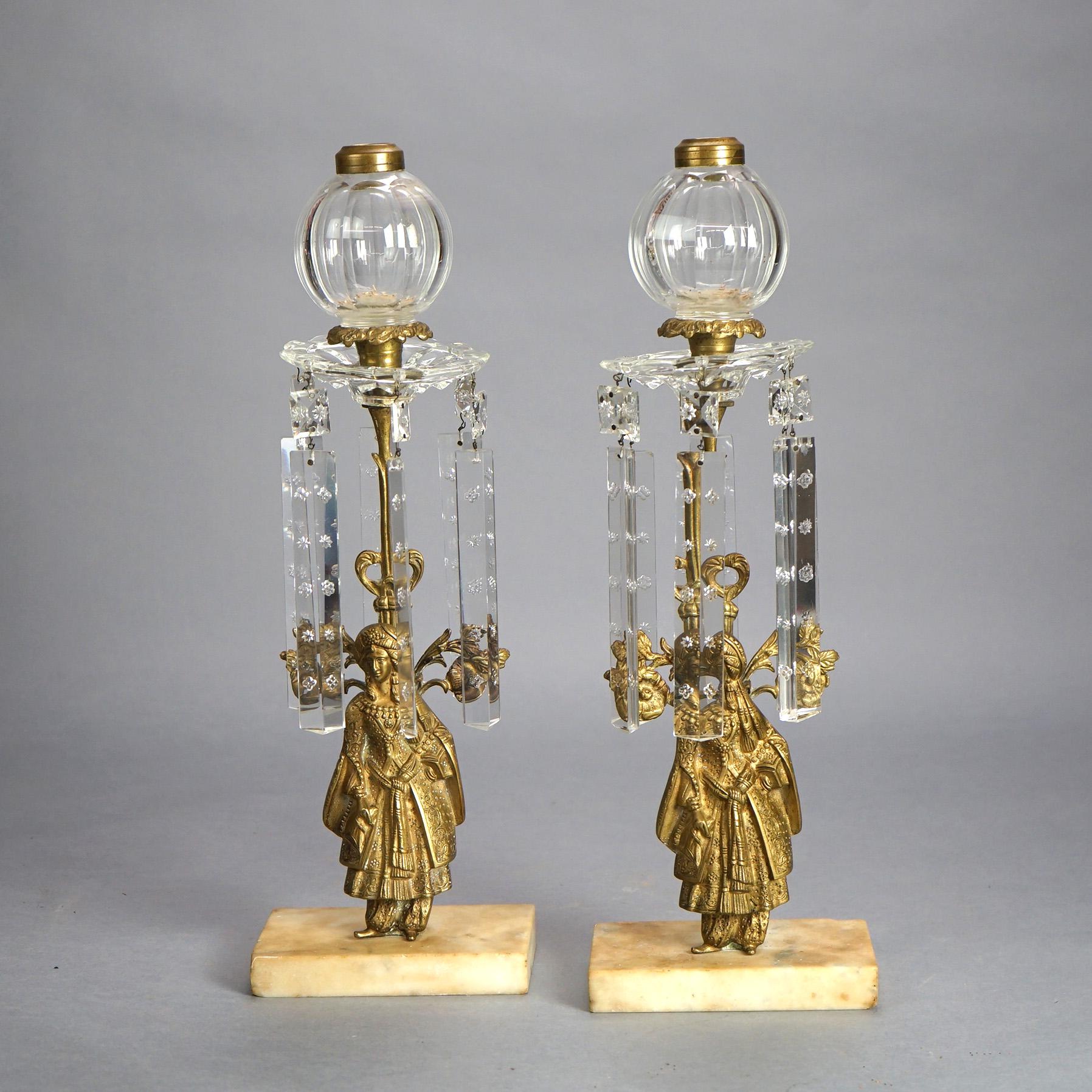 Cast Antique Pair Figural Girandole Sultana Design Oil Lamps with Crystals C1880 For Sale