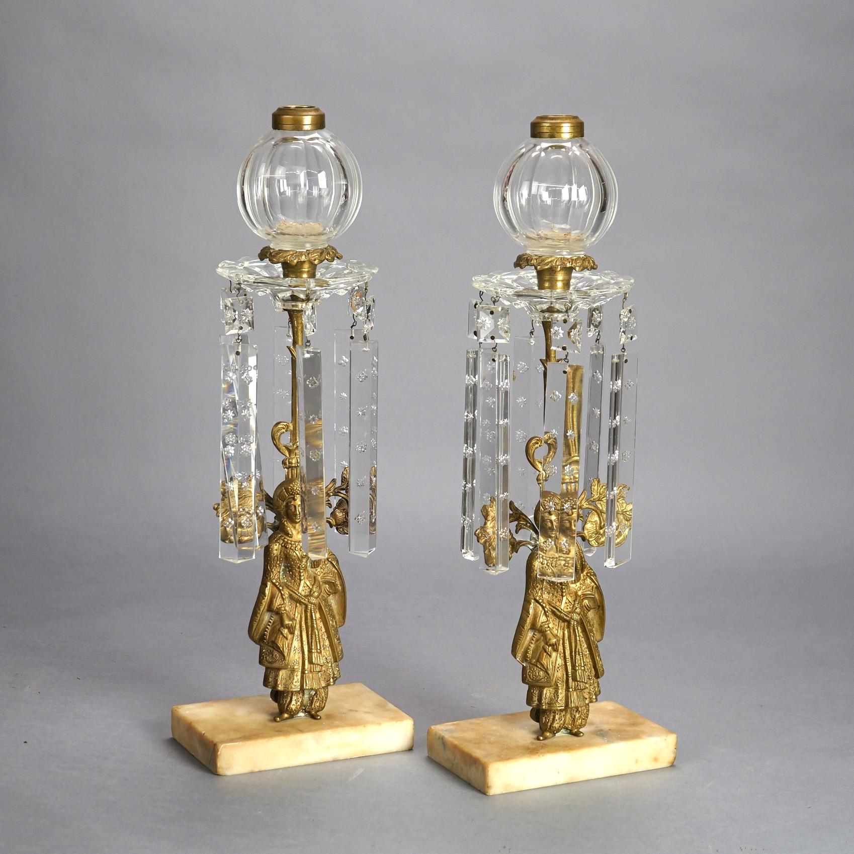 Antique Pair Figural Girandole Sultana Design Oil Lamps with Crystals C1880 In Good Condition For Sale In Big Flats, NY